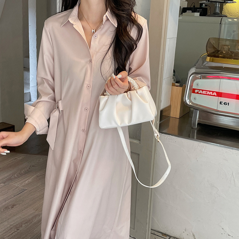 designer Leather Crossbody Small Bag 2025 New High-end Pearl Wood Handle Pleated Cloud Bag Single Shoulder Handbag for Women