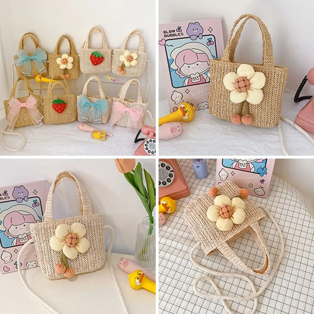 Handmade Woven Girl Straw Bag Summer Zipper Mesh Bow Crossbody Handbag Coin Purse Po Props Kid Beach Bags 250605