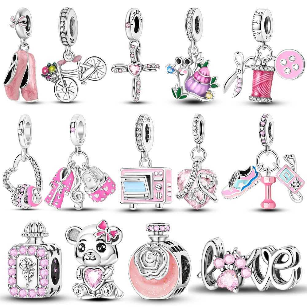 Pink Series Beads 925 Silver Bear Bike Dance Shoe Charms Fit Original Bangle Bracelet Pendants DIY Jewelry Gift For Women XJ250607