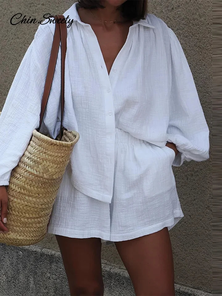 Solid Cotton Linen Button Shirt Set For Women Casual Elastic Waist Wide Leg Short Pants Suit 2025 Summer Daily Commute Outfit 250605