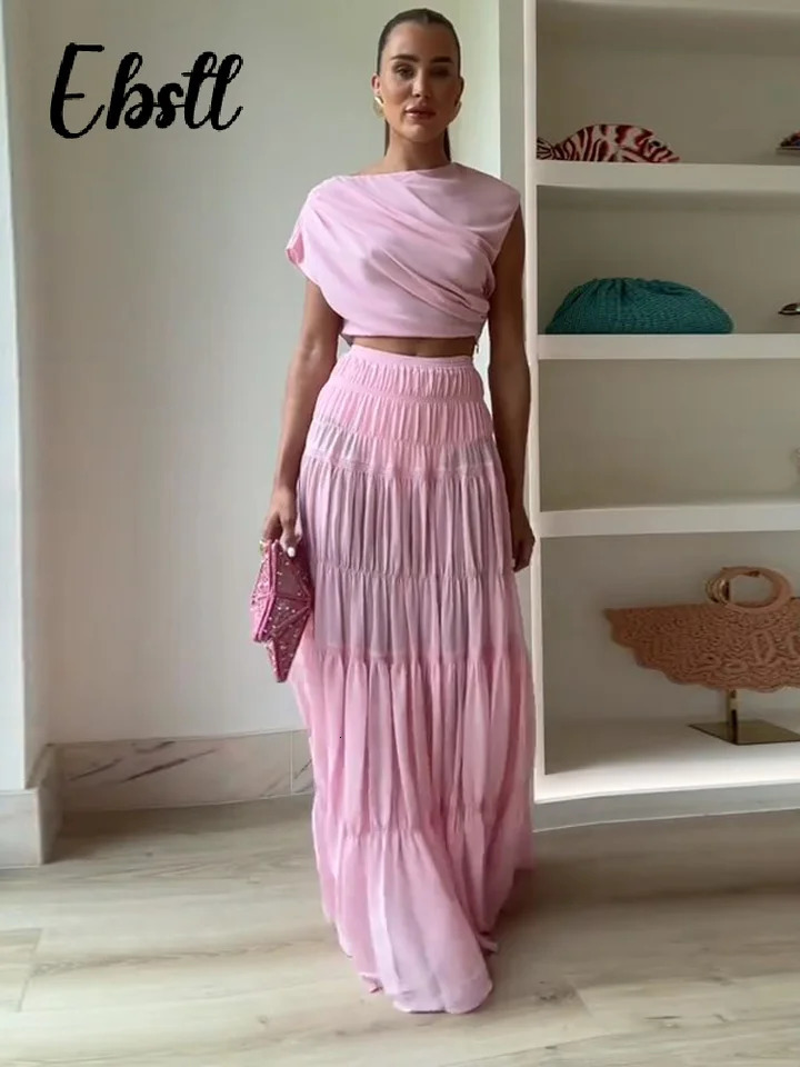Solid Pleated Crop Top Skirts Suit Womens Elegant Pink Sleeveless Tops Elastic Waist Long Skirt 2025 Summer Ladies Outfit 250605