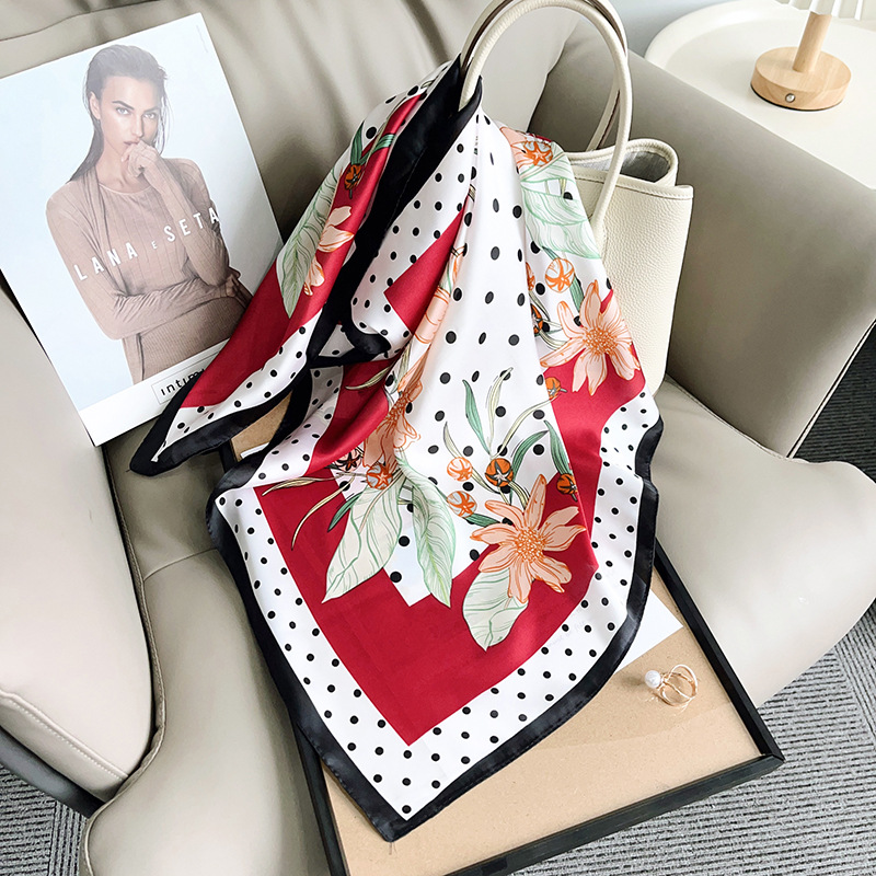 K945 Modern trendy geometric polka dot floral print 70 square scarf new women's fashion decorative temperament imitation silk scarf