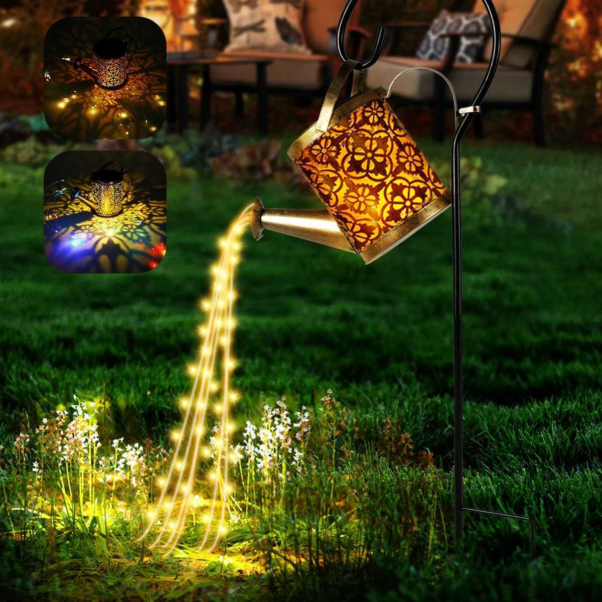 Solar Lanterns Watering Can Outdoor Watering Can Water Lawn Light 36LED Kettle String Light Iron Retro Garden Landscape Lights XJ250606