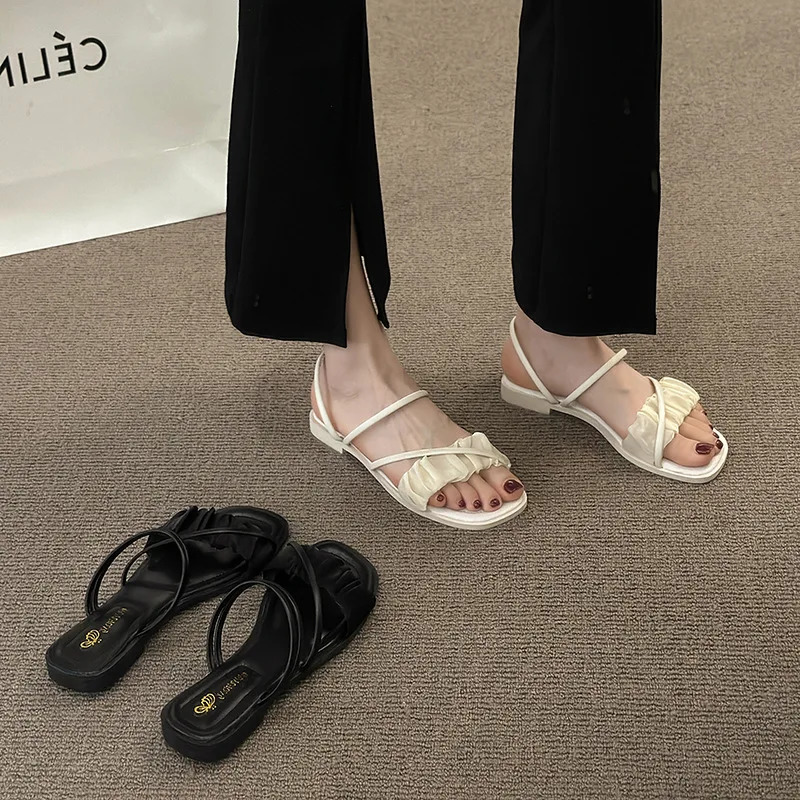 Fashion Woman Sandals Women Sandals Ladies Square Heels Elegant Summer Slippers Outside Cross Tied Leather Female Slides 250605