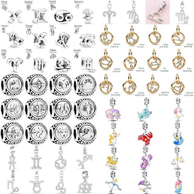 European 925 Silver Plated Zodiac DIY Bead Fit Original Charm Bracelet Necklace Trinket Women Jewelry Accessories XJ250607