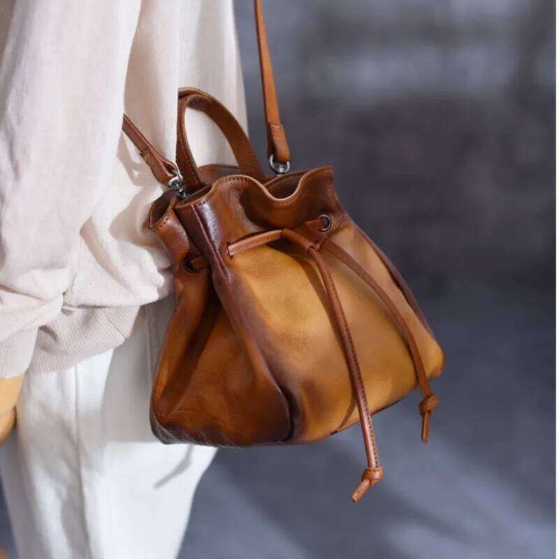 Johnature Vintage Drawstring Bucket Bag Genuine Leather Summer 2025 New High Quality Natural Cowhide Shoulder & Crossbody Bags