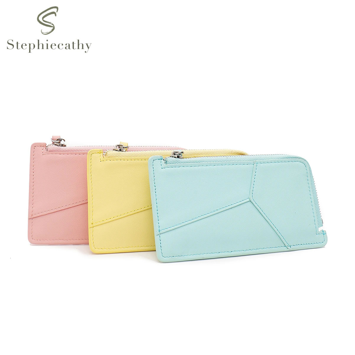 Fashionable Women Real Leather Slim Card Holder Geometric Patchwork Zipper Cards Coin Cash Portable Daily Coin Purse Mini Wallet 250605