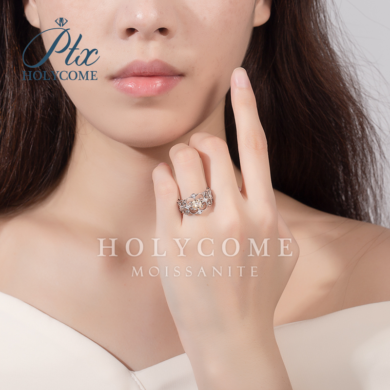 Wholesale New European 925 Sterling Silver Rings Genuine Engraved Fit for Women 1CT Champagne Moissanite Engagement Ring for Party