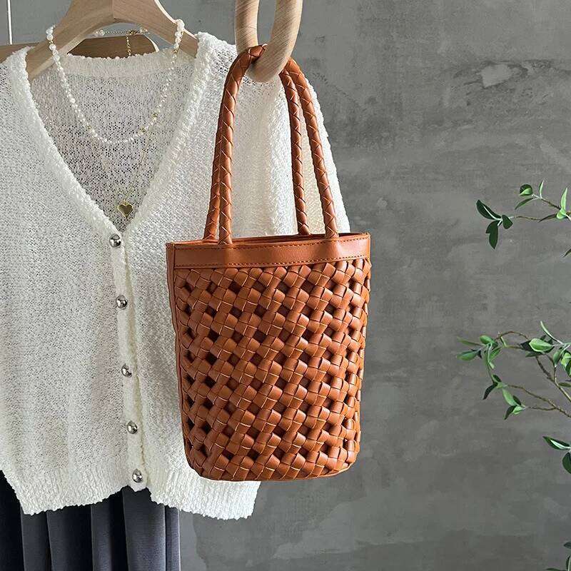 French Style Soft Pu Leather Woven Hollow Out Bucket 2025Summer New Trend Small Top-Handle Handbag Travel Vacation Beach Bag