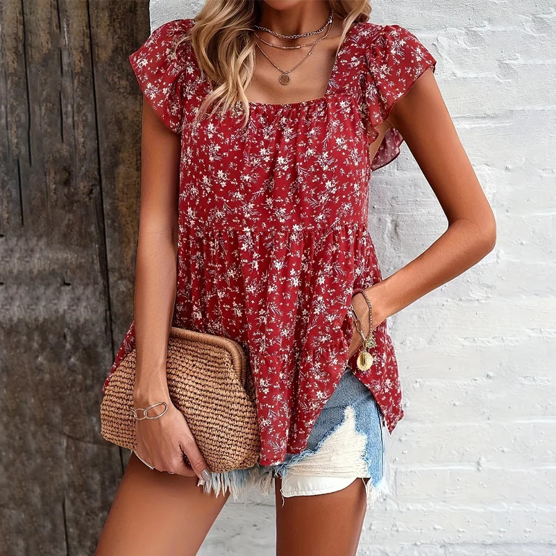 Plus Size Womens Shirts Floral Print Square Collar Layered Loose Fit Suitable for Work Clothing and Vacation 250527