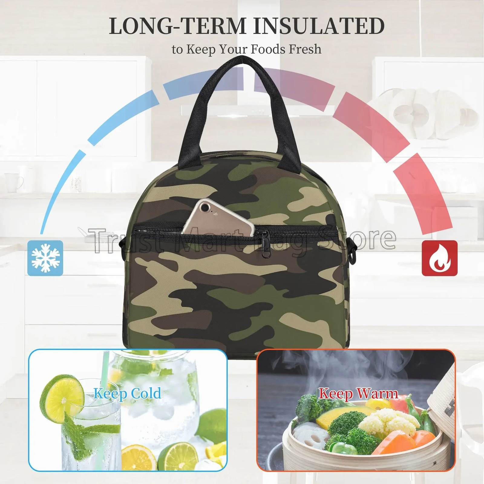 Green Camo Insulated Lunch Bag for Women Men Camouflage Waterproof Cooler Thermal Lunch Tote for Office Picnic Food Bento Box 250606