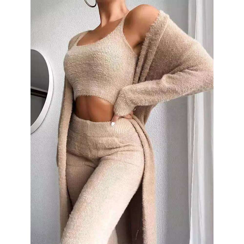Autumn Winter Women's New Sexy V-neck Plush Short Sleeveless Vest Waist Exposed Pants Long Coat 3-piece Set For Women