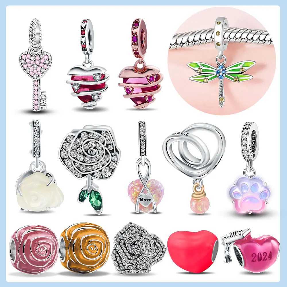 Original 925 Silver Charms Zircon Heart Rose Pink Flower Charm Fits Charms Bracelet 2024 Mothers Day Jewelry Gifts XJ250607