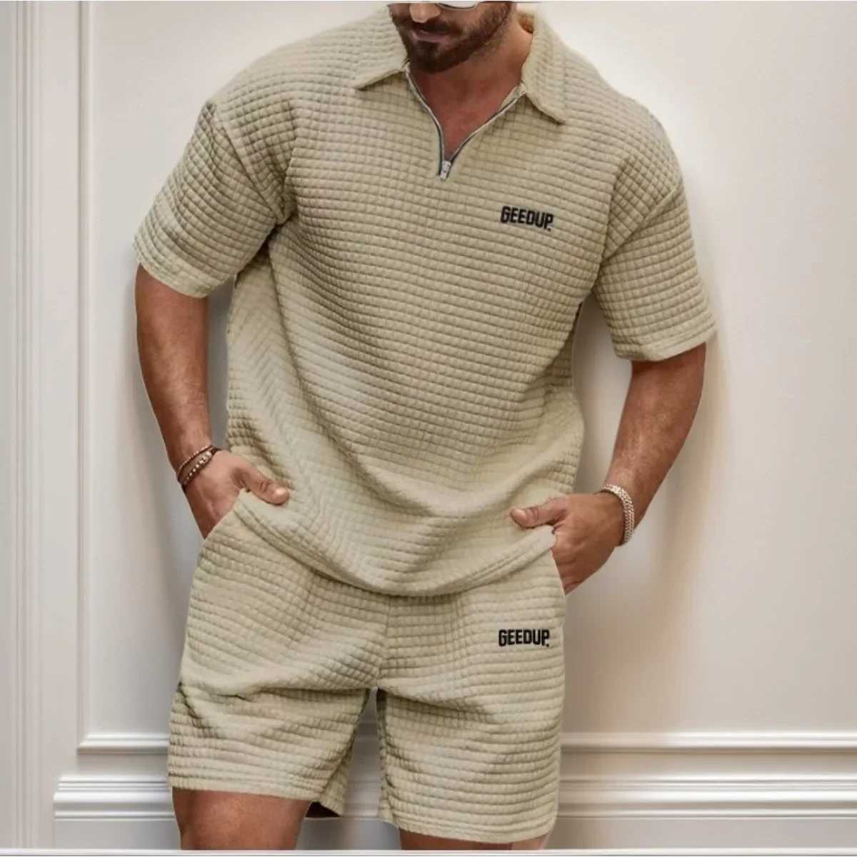 New Mens Casual Fashionable and Comfortable Waffle Checkered Letter Lapel Sportswear Set Spring and Summer Two-Piece Set W250609