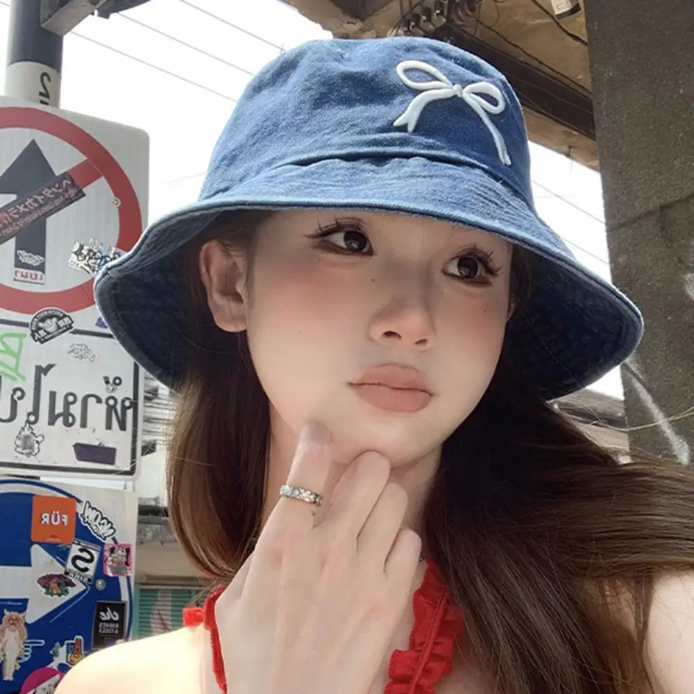 Summer Embroidery Bow Washed Denim Bucket Hat For Women Panama Hats Outdoor Fisherman Hat Beachside Sunscreen Visor Cap 250605