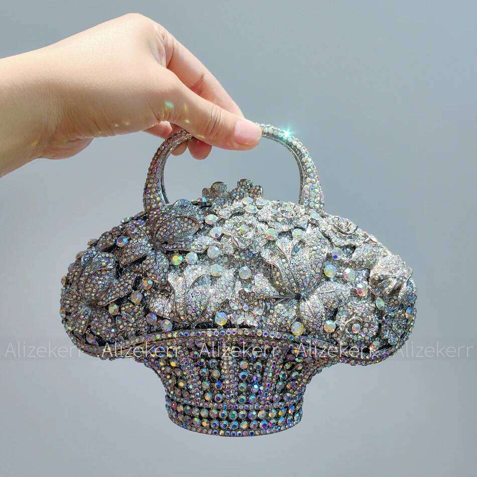Alizekerr Flower Basket Crystal Evening Bags Women Designer Elegant Bling Rhinestone Metallic Clutch Purses Wedding Party