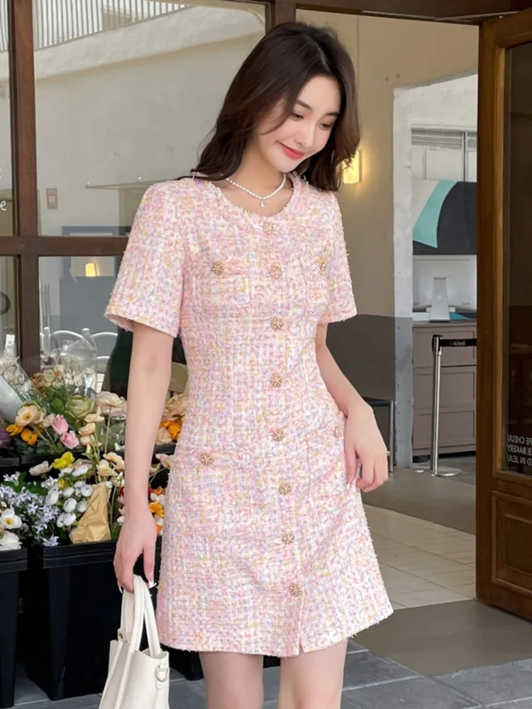 High Quality French Vintage Small Fragrance Tweed Summer Dress Women Elegant Fashion Chic Slim Waist Short Dresses Vestidos 250603