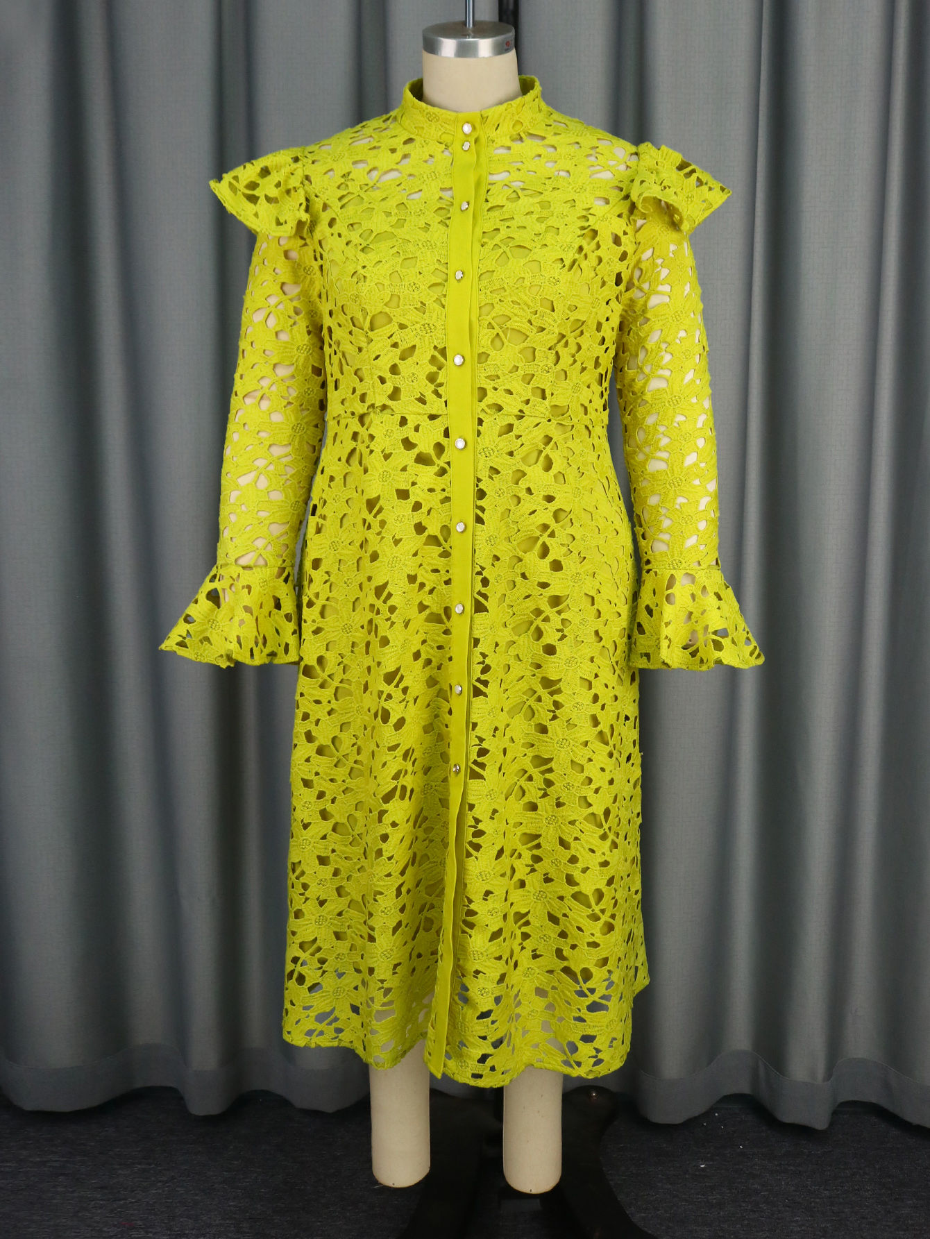 Elegant Women Plus Size Yellow Green Two Piece Sets Cutout Lace Straight Dress Full Trumpet Sleeve Stand Collar Midi Length Daily Wear AM040851SET