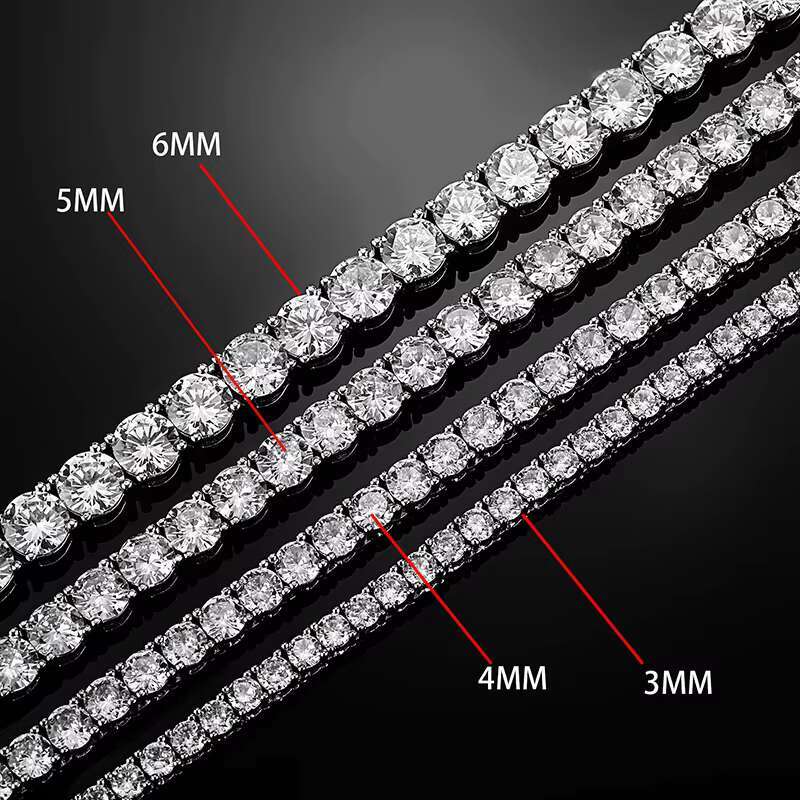 RINNTIN SMB Fine Moissanite Diamond Tennis Chains 3mm-5mm Hip Hop Silver Jewelry Necklaces Bracelets for Men Women Gift