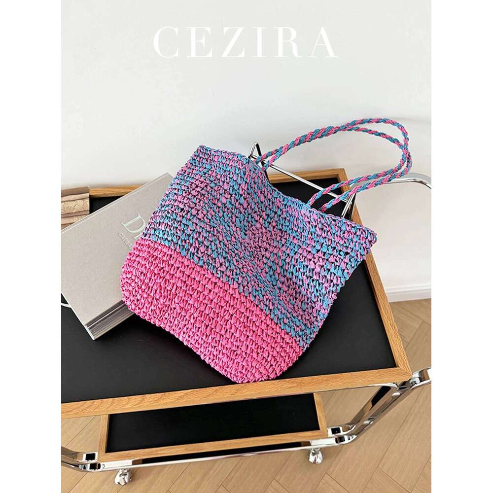 CR Women's Summer Casual Colorful Straw Woven Shoulder Handbag Contrast Color Handmade Braid Beach Bag For Daily Vacation Travel