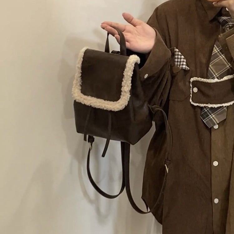 designer 2025 Autumn Winter New Niche Retro Plush Backpack for Women Korean Style Ins Simple Versatile Lamb Wool Bag