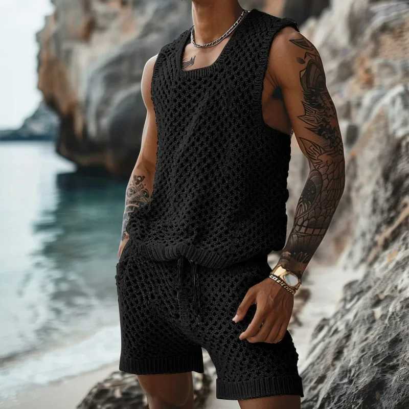 Summer Mens Clothes Casual Knit Two-piece Sets Trendy Tank Tops Shorts Hollow Out Beach Sport Suits for Men Streetwear Design W250609