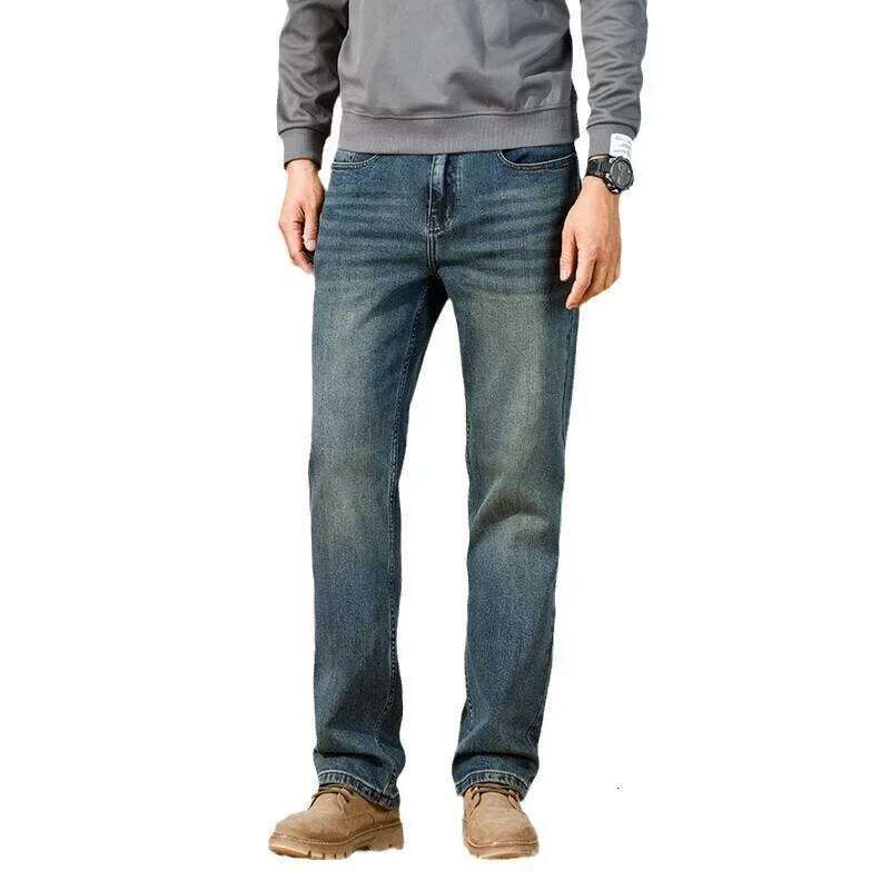 Autumn/Winter New Men's Vintage Straight-Leg Jeans Loose Fit Embroidered Mid-Waist Elasticity Casual Style Lantern Waistband