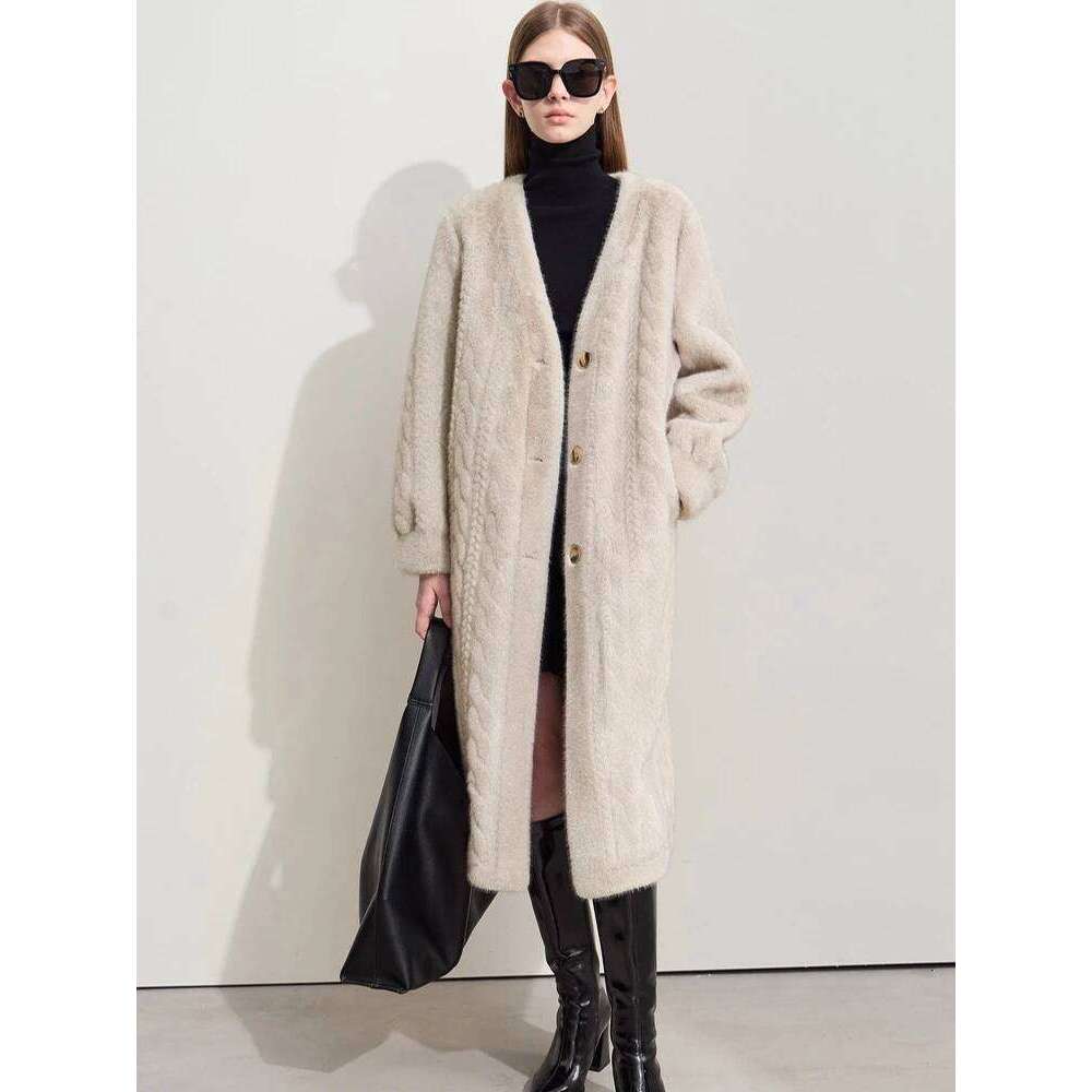 Women Cardigan Thickened Long Spring And Autumn V-neck Jacket Female Loose Simple Leisure With Buttons Faux Fur Mink Coat luanyun