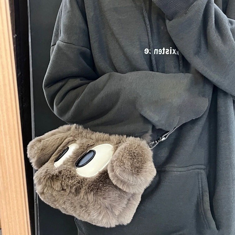 designer 2025 Winter New Furry Bag for Women Trendy Cute Cartoon Dog Plush Handbag Shoulder Crossbody Small Square Bag