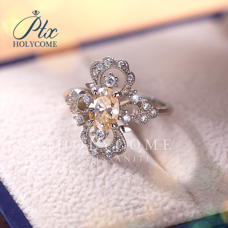 Classic 925 Sterling Silver Finger Rings 18K Gold Plated Champagne Moissanite 1CT Diamond Gift Wedding Party Cluster Ring for Women