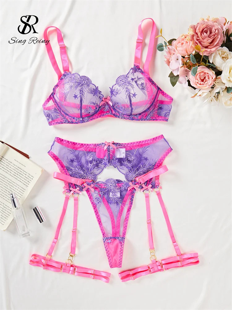 SINGREINY Fashion Star Embroidery Erotic Bra Suits Garter Strap Bodycon Sleepwear Women Patchwork Sexy Sheath Underwear Sets 250603