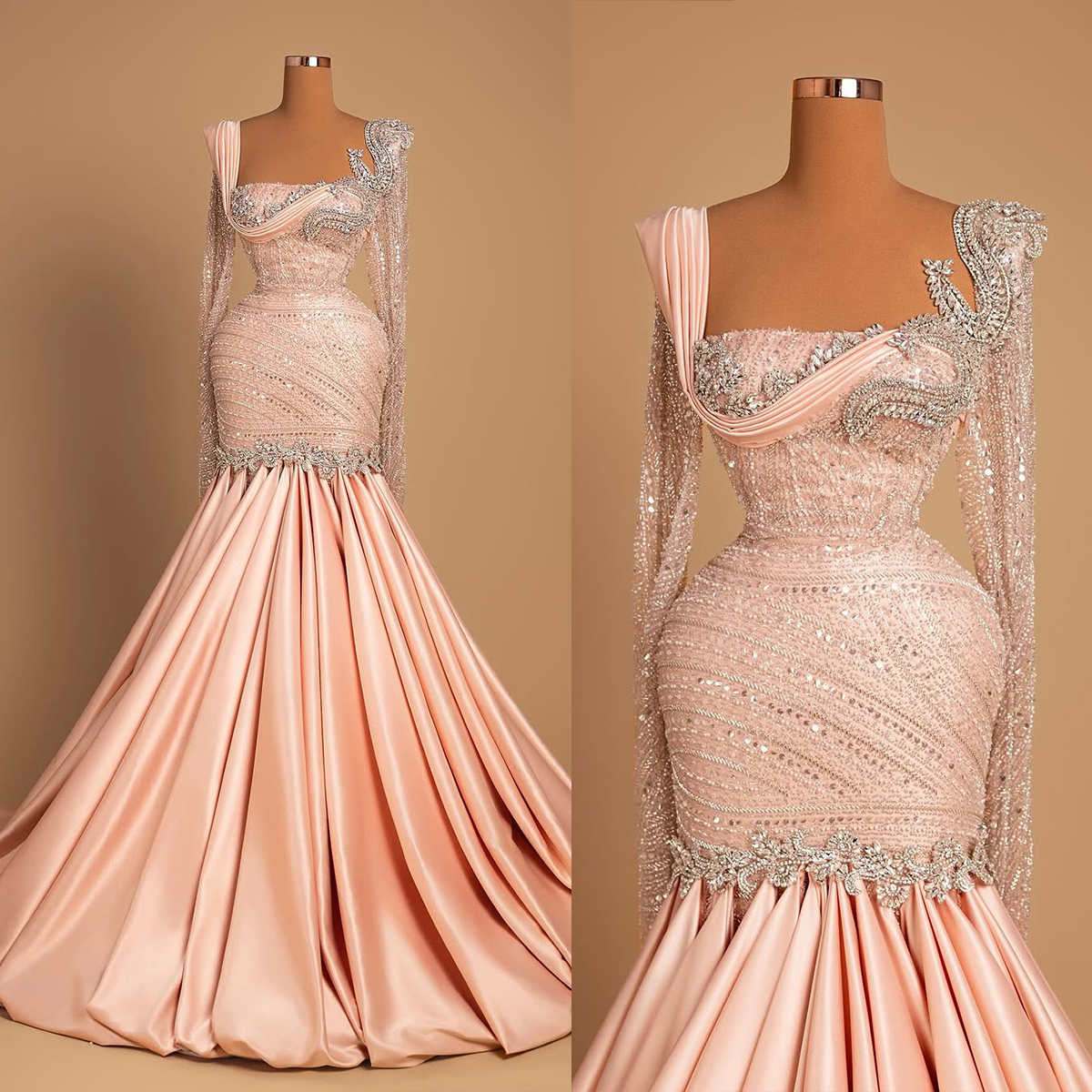 Graceful Crystal Evening Dresses Sequins Prom Dress Rhinestone Beading Long Sleeves Pearls Mermaid Party Gowns Vestidos De Noche Plus Size