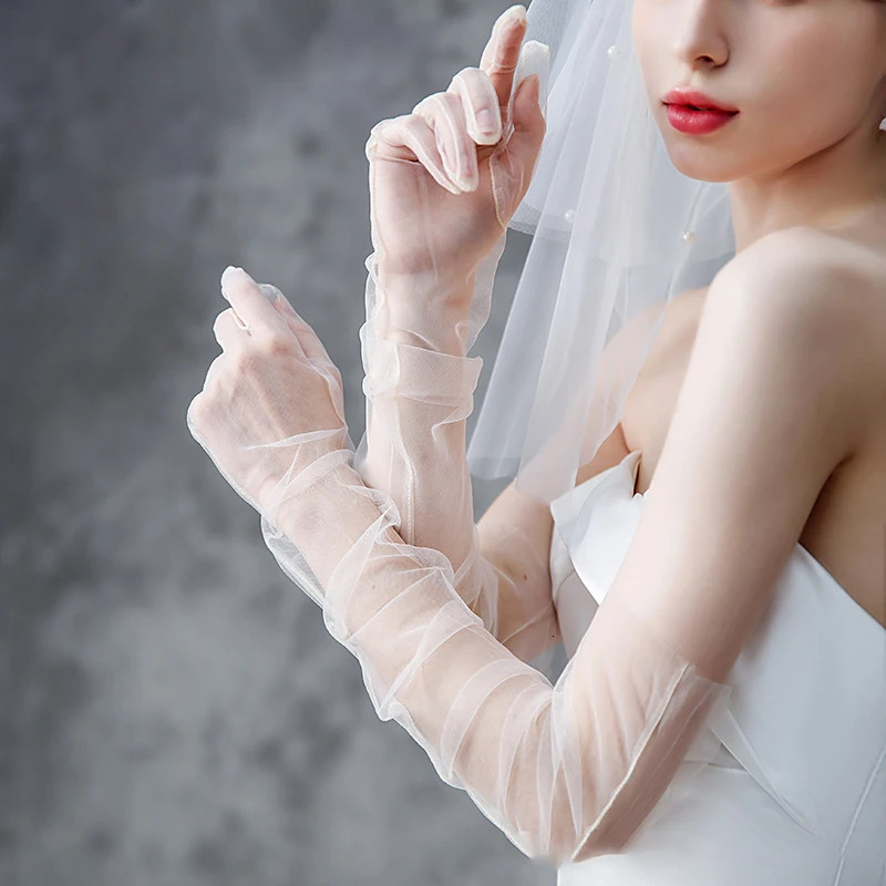70cm Women Long Ultra Thin Gloves Tulle Elbow Wedding Party Bride Dress Mittens Sheer Transparent Vintage Black White Mesh Glove 250603