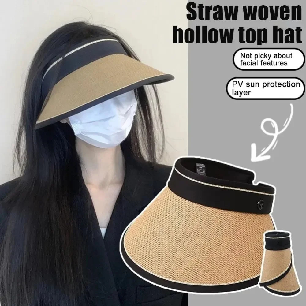 2025 Summer Empty Top Sun Hat Anti Uv Female Outdoor Visor Cap Casual Foldable Straw Shade Hat Wide Large Brim Beach Sunhat 250603