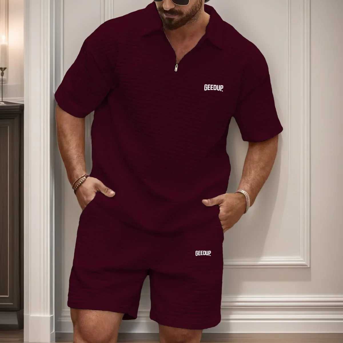 New Mens Casual Fashionable and Comfortable Waffle Checkered Letter Lapel Sportswear Set Spring and Summer Two-Piece Set W250609