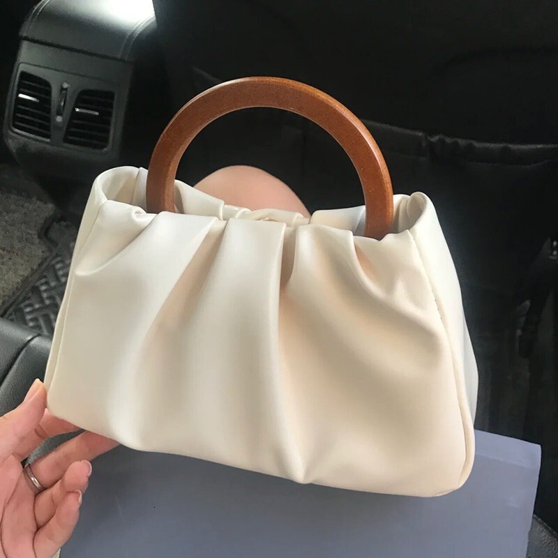 designer Leather Crossbody Small Bag 2025 New High-end Pearl Wood Handle Pleated Cloud Bag Single Shoulder Handbag for Women