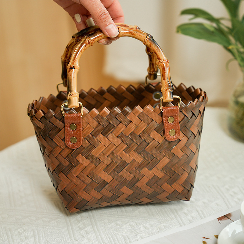 Top quality brand new free designer bag wholesale imitation rattan woven bag hand woven retro imitation bamboo handle handbag brand new free designer 