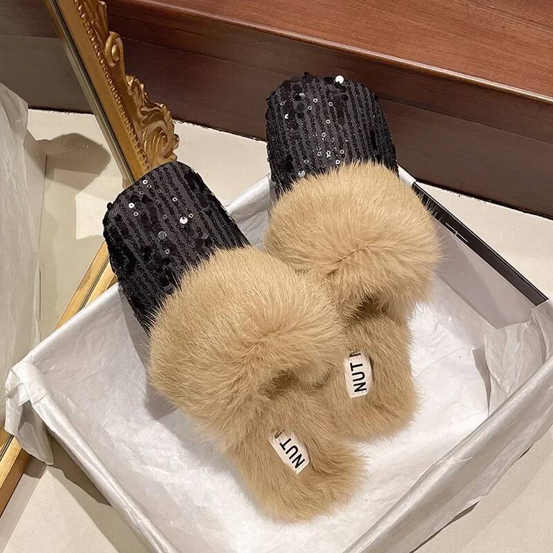 Ddmyoutdoor Plush For Women Fashion Shiny Flat Fuzzy Baotou Slippers Anti Skid Ladies Slip On Mules Indoor Outdoor Casual Shoes Beach outdoor shoes