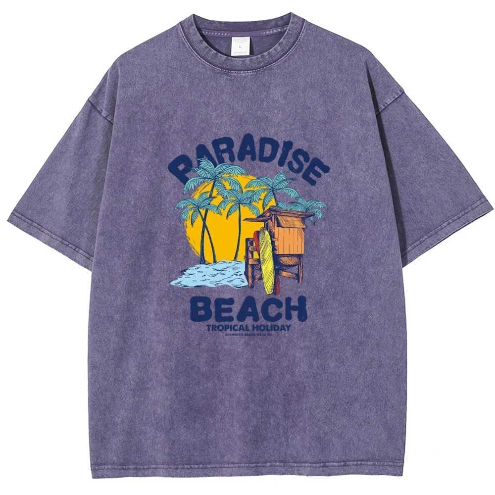 Heaven Beach Printed T-shirt Street Casual Style Washed Distressed Mens and Womens Short Sleeve Summer graphic t shirts W250607