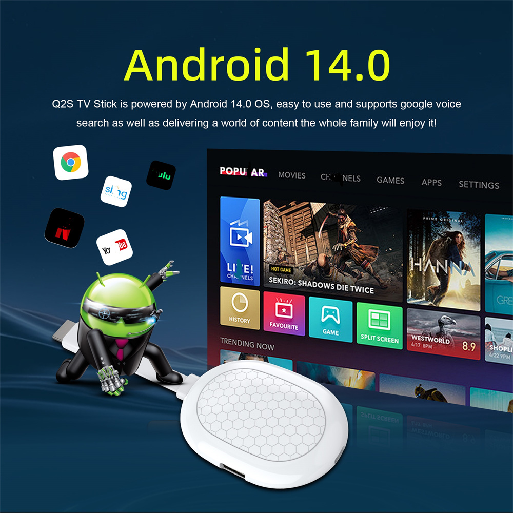 Mortal High Performance Wireless HD Android 14 Smart Home TV Stick Q2S AllWinner H313 Wifi6 BT5.X Voice Remote Control TV Box