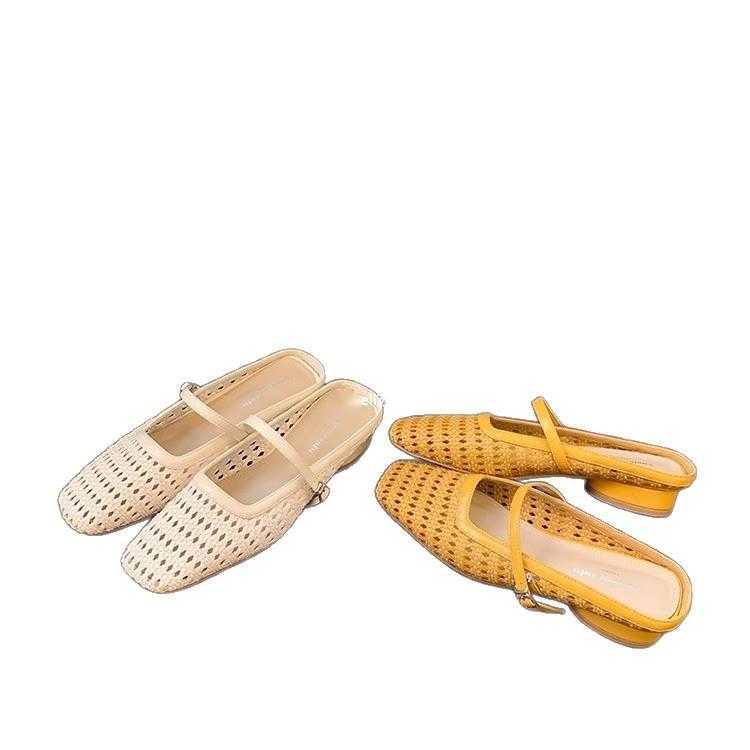 Stepping Clouds Square Toe Woven Chunky Heel Closed Toe Mary Jane Slippers For Women Outdoor Strap Genuine Leather Hollow Out Clogs