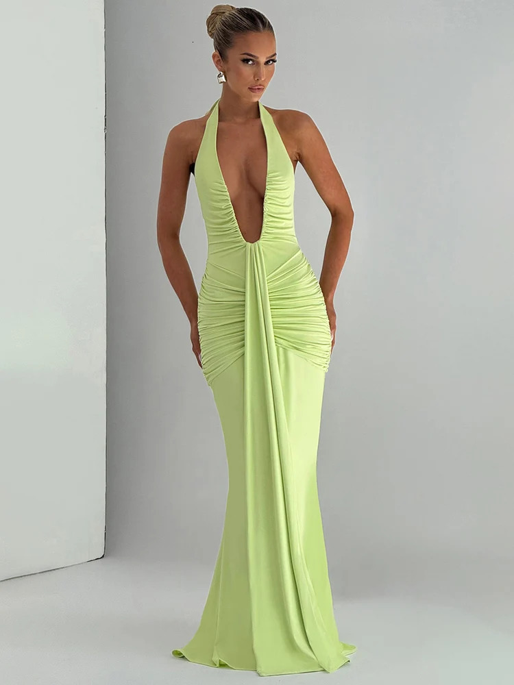 Mozision Deep V Neck Draped Ruched Sexy Maxi Dress Women Summer Fashion Halter Sleeveless Backless Club Party Long Dress Elegant 250605