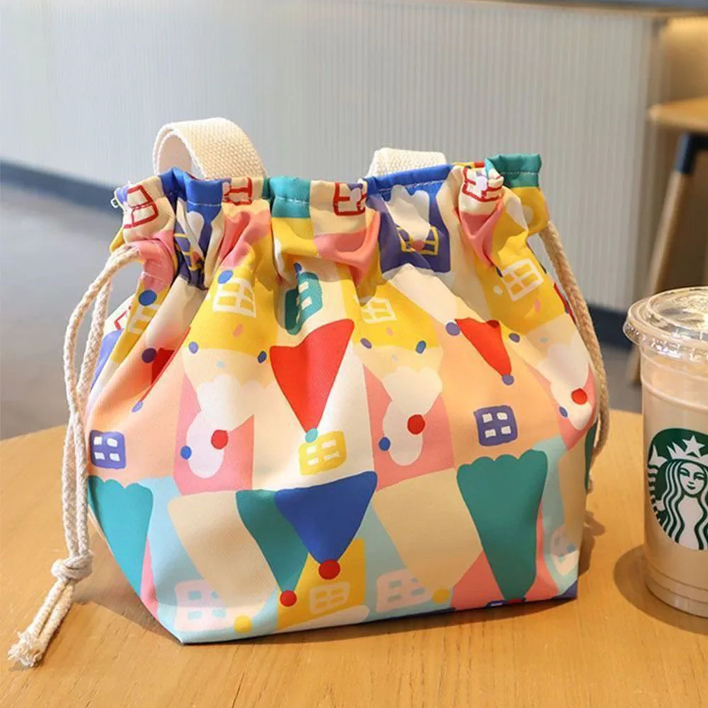 Lunch Bag Cartoon Flowers Canvas Lunch Box Drawstring Picnic Tote Eco Bento Bag Small Handbag Dinner Container Food Storage Bags 250606
