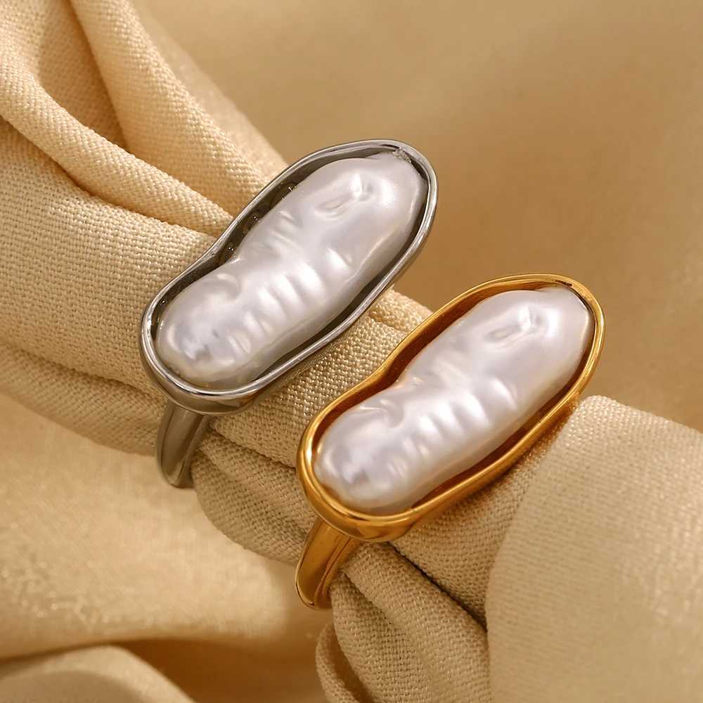 The.Muses Irregular Long Imitation Pearl Stainless Steel Womens Ring Fashionable Waterproof 18K Gold-plated Jewelry Gift W250606