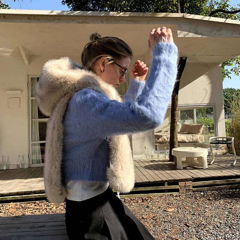 Neo Mint Exclusive Y3k Girls Hooded Sleeveless Faux Coat Women Waistcoat Autumn Winter Gradient Fox Fur Vest Top Gilet Femme