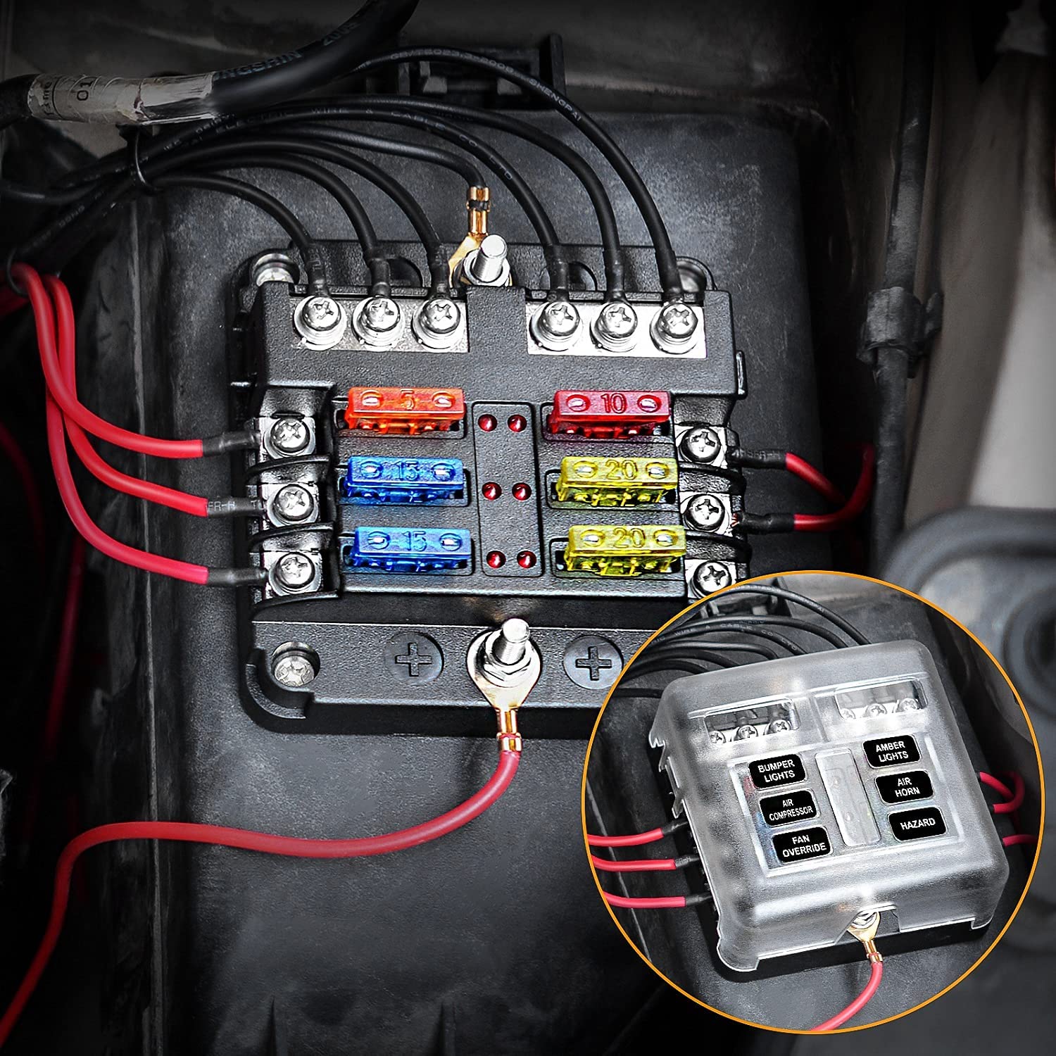 6-way and 12 way fuse holders with fuses, waterproof covers, and LED indicator lights, suitable for 12V/24V cars, trucks, ships, etc