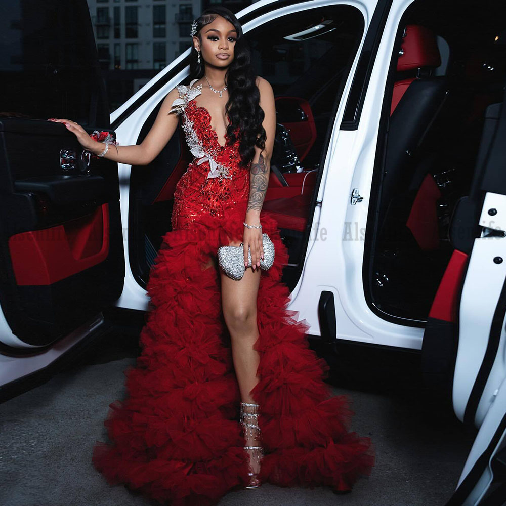 Luxury Red Mermaid Prom Dresses For Special Occasions Ruffles Birthday Party Dress Diamonds Bead Graduation Gown