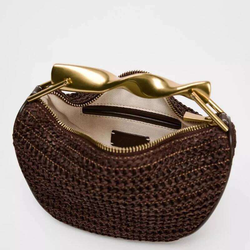 Mini Straw Woven Bags For Women Designer Handbag Purses 2025 New In Vintage Metal Handle Chain Strap Hobos Wrist Shoulder