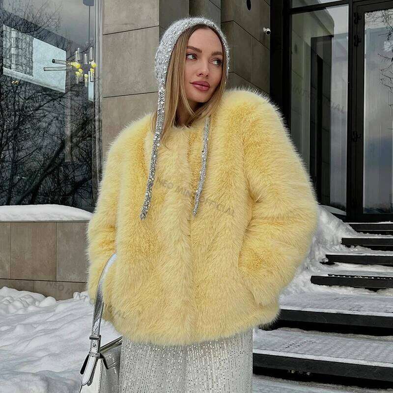 Neo Mint Cool Street Girls Winter Fashion Fluffy Fox Jacket Women Casual Round Neck Faux Fur Coat Chic Thick Warm Outerwear