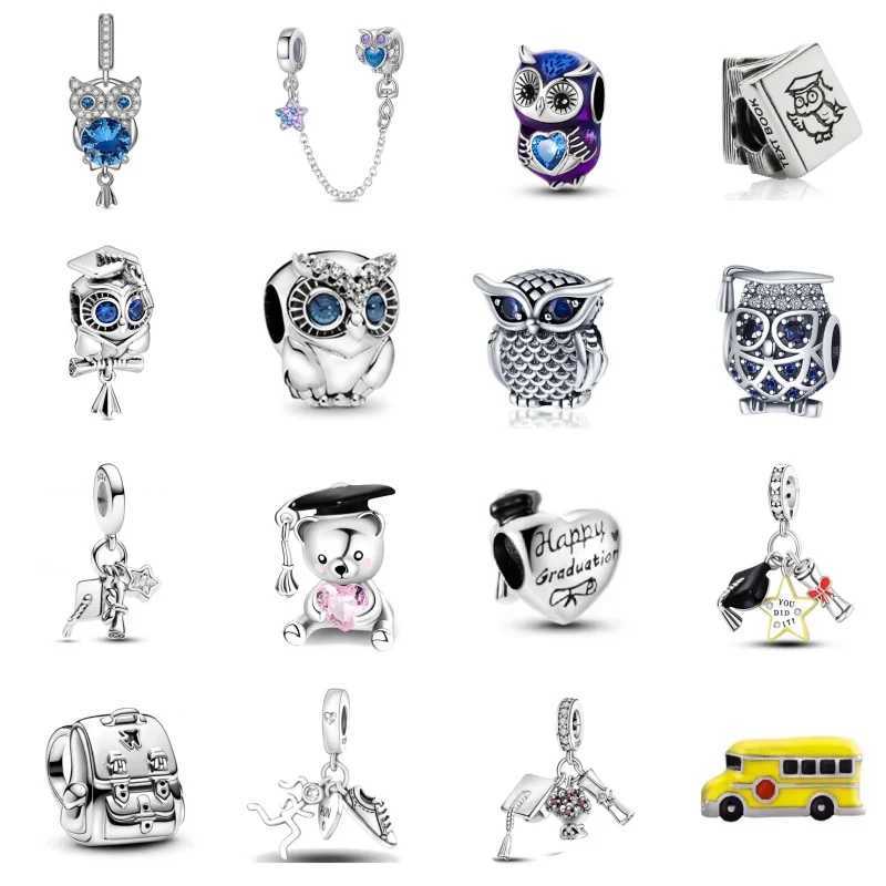 Classic Sparkling Wise Owl Graduation Dangle Charm Bead Fit Original Bracelet Pendant DIY Jewelry 925 Silver plated XJ250607